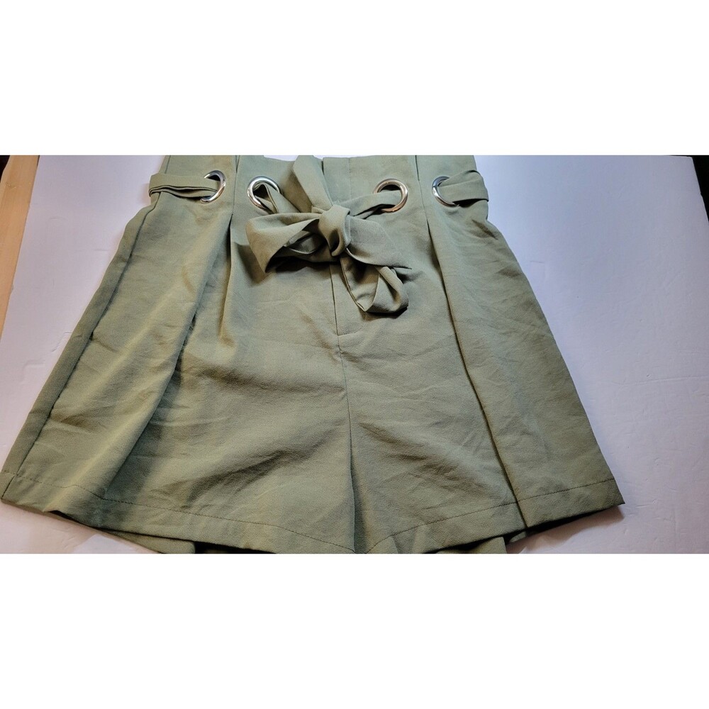 VICI Olive Green High Waisted Paperbag Shorts Silver Grommet Belted - Size M